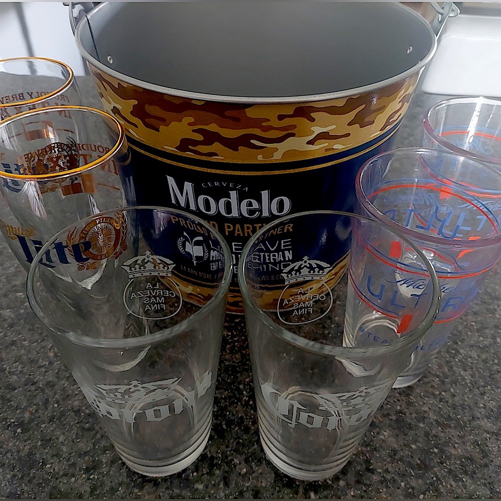 Beer glasses and bucket